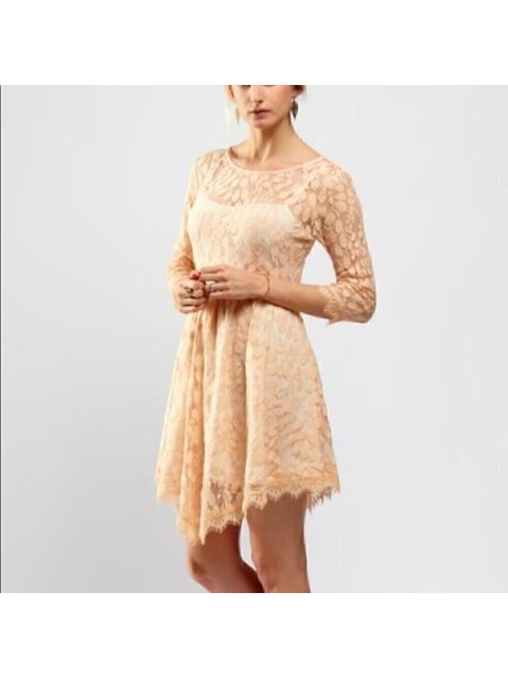 Free People | Dresses | Free People Cream Floral Mesh 34 Sleeve Lace Dress With Builtin Slip Size 8
